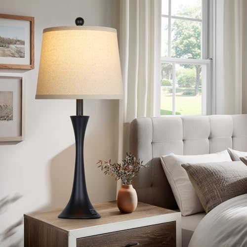 Black 27.5" Modern Touch Table Lamps Set of 2 with USB-C+A Ports, Dimmable Nightstand Lamps, Bulbs Included