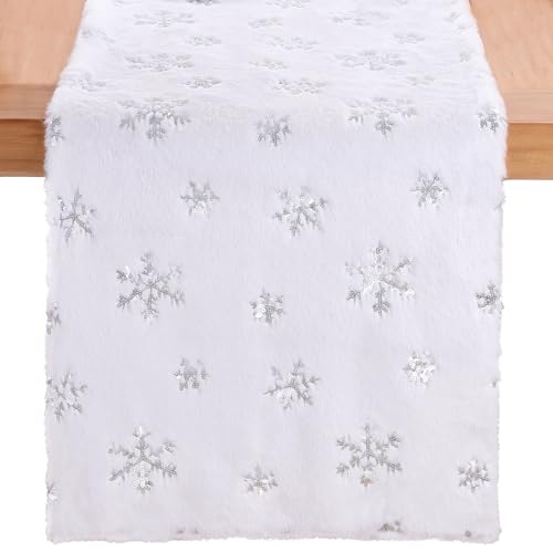 QueenDream Silver Snowflakes Faux Fur Table Runner 13x90 Inch for Christmas Decor