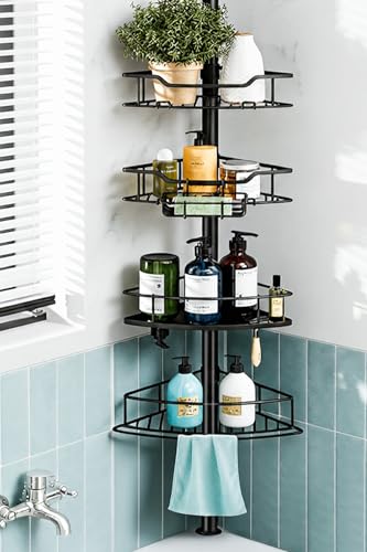 Corner Shower Caddy Tension Pole - 4 Tier Rustproof Bathroom Organizer - Black / Fan-Shape