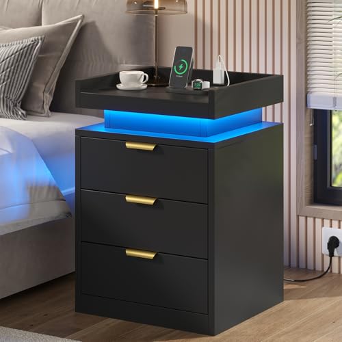 knoworld LED Nightstand with Charging Station & USB Ports, 3-Drawer