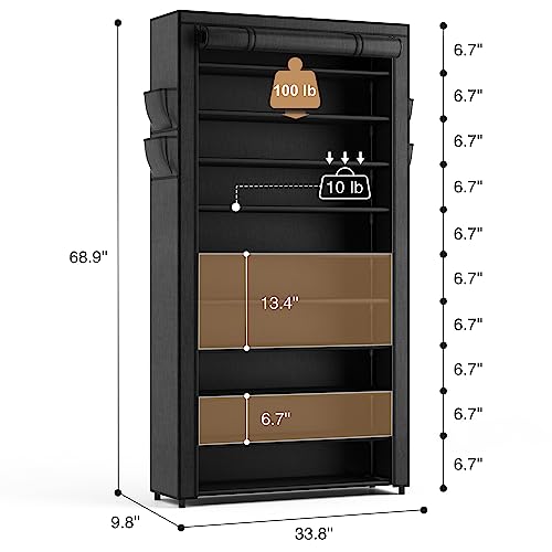 Black 10-Tier Shoe Rack with Dustproof Cover, Large Capacity Organizer