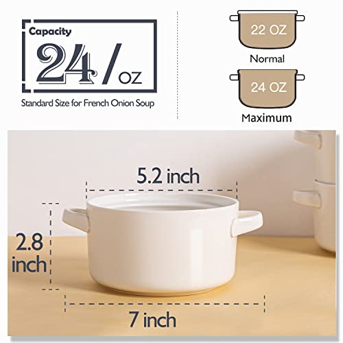 DELLING White Ceramic Soup Bowls with Handles Set of 6, 24 Oz Oven Safe Crocks