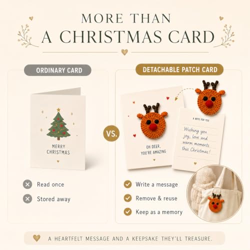 6 Pcs Christmas Greeting Cards with Removable Crochet Appliques - Holiday Seasonal Notes