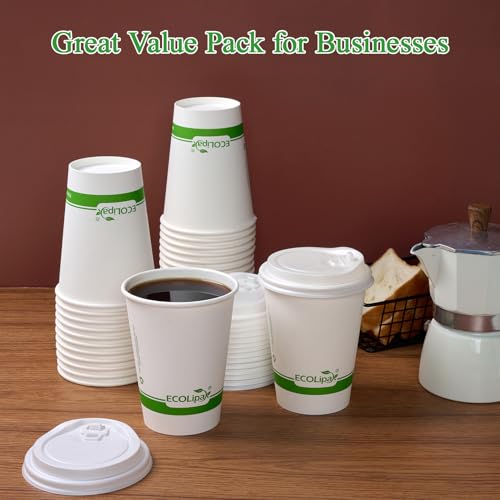 ECOLipak 12 oz Compostable Paper Coffee Cups with CPLA Lid - Pack of 100