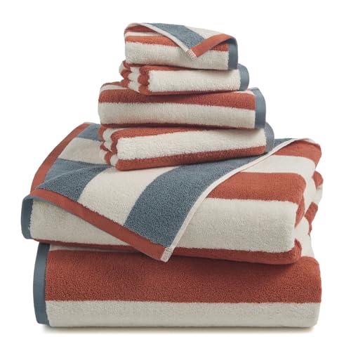 Terracotta Redkiss 6-Piece Cotton Towel Set - Reversible Striped Bathroom Towels
