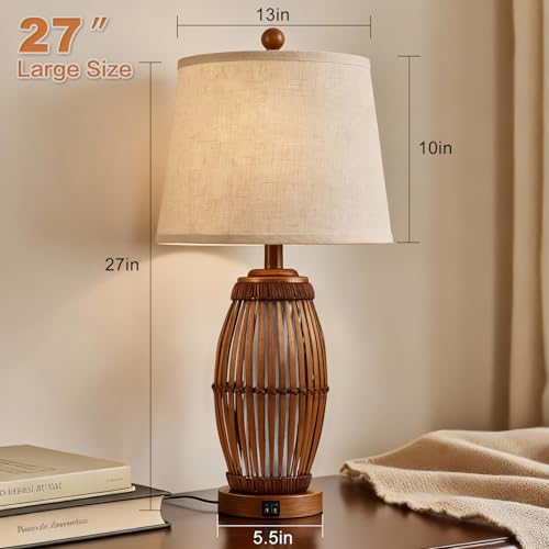 27-Inch Vintage Bamboo Woven Table Lamps Set of 2 with USB & Nightlight