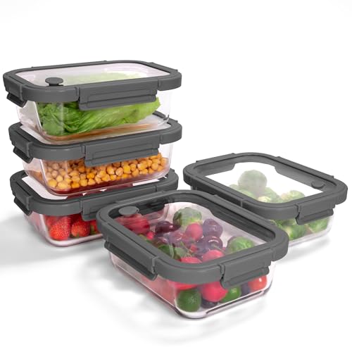 BOROHOUSE 5-Pack Tempered Glass Food Storage Containers 35.2oz with Gray Lids, Airtight & Microwave Safe