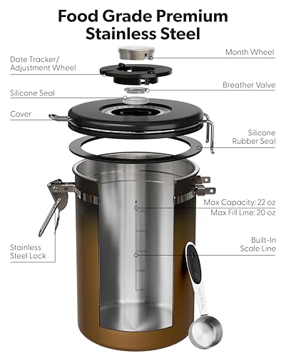Veken Coffee Canister with Window - Gradient Copper, 22 oz Airtight Stainless Steel Container