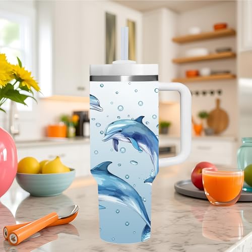 AMZUShome Dolphin 40oz Tumbler with Handle - Dolphin Lover Gift for Women & Men