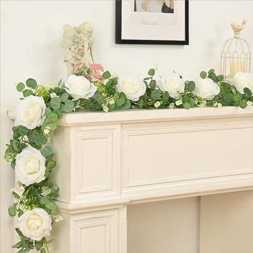 White Rose Eucalyptus Garland 4 Pcs, Faux Floral Wedding Decor, 26ft