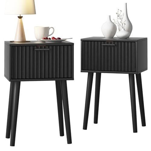 Nightstands Set of 2 - Small Bedside Tables with Fluted Door - Black, Fluted Style