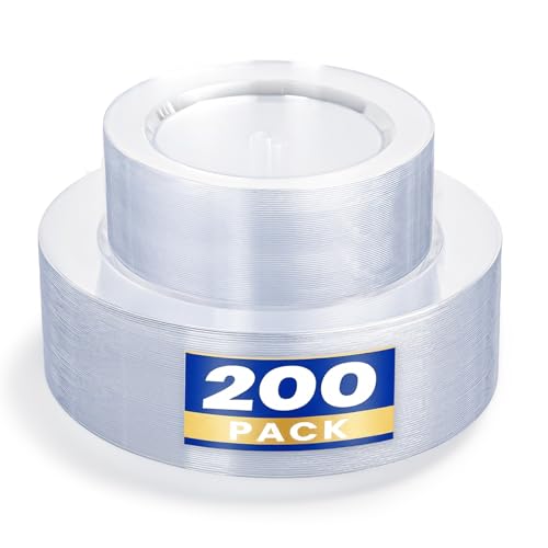 200PCS Clear Plastic Plates Set - Heavy Duty Disposable Dinner & Dessert Plates, Food Safe, Variation: Clear / 200 PCS