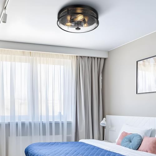 Rosient 16 Inch Large Black Flush Mount Ceiling Light Fixture with Seeded Glass - Modern Farmhouse Indoor Outdoor Lighting for Kitchen, Dining & Living Room - ROS88-Large