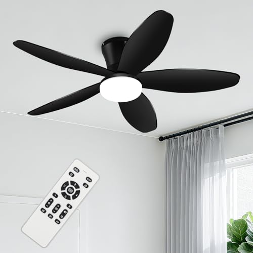 Yoedivu 42 Inch Black Flush Mount Ceiling Fan with Lights & Remote - 6-Speed, Dimmable, Timer, Noiseless