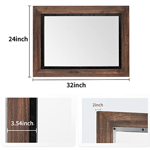 YOSHOOT Rustic Wooden Framed Wall Mirror 32x24 Brown Farmhouse Decor