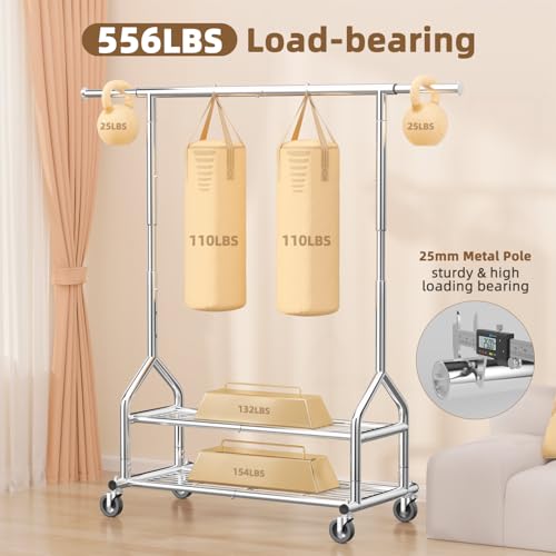 Silver Heavy Duty Clothes Rack with 2 Shelves, Adjustable Height & Wheels, 556 lbs Capacity