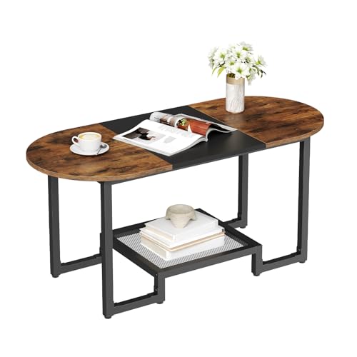 HOOBRO Rustic Brown & Black Oval Coffee Table with 2-Tier Storage - Small Modern Center Table for Living Room & Bedroom