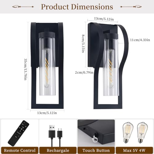 Black Battery Operated Wall Sconces Set of 2 - Modern Dimmable Wall Lights with Remote and 3 Color Temperatures
