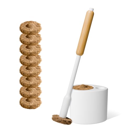 Toilet Brush Set with Holder & Coconut Husk Scrubbing Pads - Starter Kit