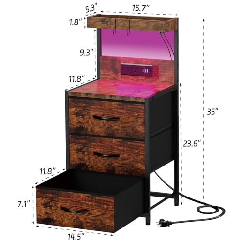 Rustic Brown LED Nightstand with Charging Station, 3 Fabric Drawers - 2 Tier