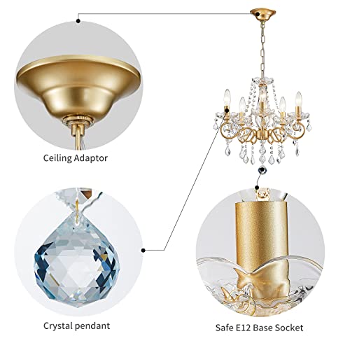 Mini Crystal Chandelier for Living Room & Bedroom - 16.5 Inch Height, Gold Finish, 5 E12 Bulbs, Adjustable Chain