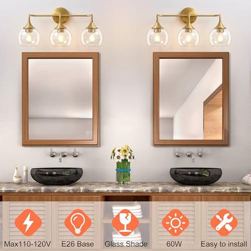 Gednbo Gold 3-Light Farmhouse Vanity Light Fixture 22 Inches - Dimmable Glass Globe Wall Sconce