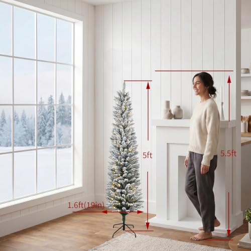 MAKEATREE 5ft Pre-Lit Flocked Pencil Christmas Tree - Slim 19in Width, Warm LED