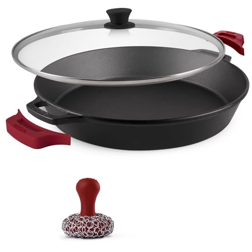 15-Inch Cast Iron Skillet with Glass Lid & Red Chainmail Scrubber - Dual Handle Braiser Pan with Silicone Handles - Pre-Seasoned Cooking Pot