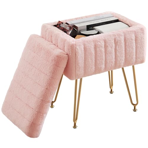 Pink Faux Fur Vanity Stool with Storage - 18.9 Inch Padded Makeup Chair with Adjustable Metal Legs