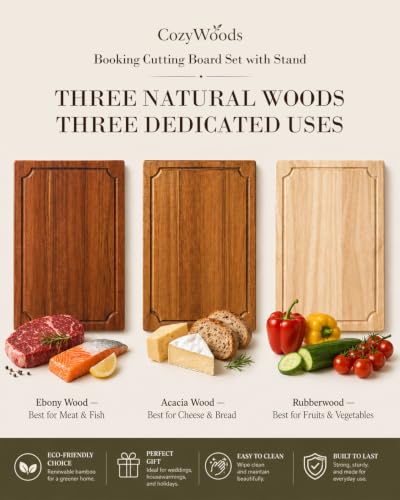 Book-Inspired Cutting Board Set with Stand - 3-Piece Hardwood Kitchen Boards, Mixed Variation