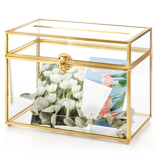 Glass Wedding Card Box with Lock and Gold Rim - Vintage Clear Gift Holder