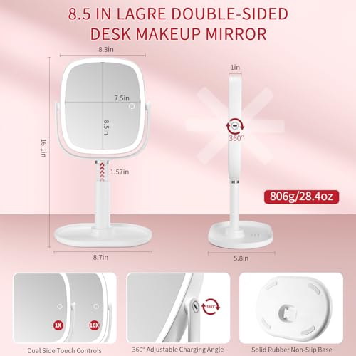 Vanmirr White Lighted Makeup Mirror with 8.5" 1x/10x Magnification & Height Adjustment