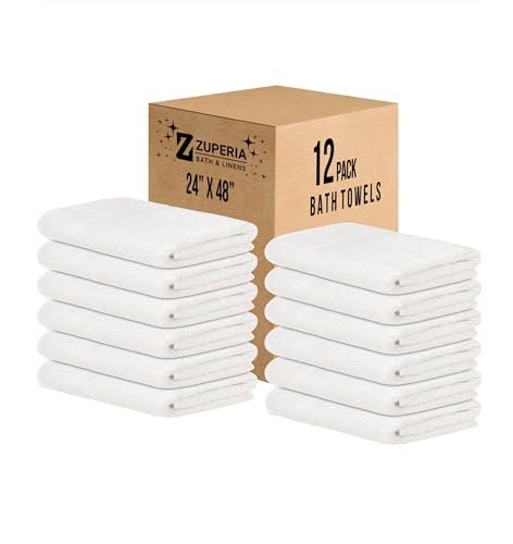 24x48 Inch White Cotton Bath Towels Bulk Pack of 12 - Quick Dry & Soft