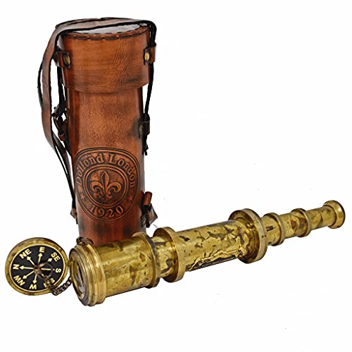 18-Inch Brass Pirate Telescope with Leather Case, Marine Spyglass for Adults & Nautical Gift