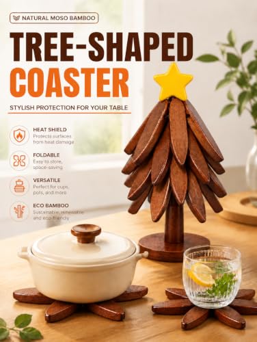 KOWINDA Brown-Star Christmas Tree Trivet Set with Stand – 5 Foldable Wooden Heat-Resistant Tree Coasters