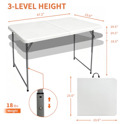 White 4ft Heavy Duty Folding Table - Adjustable Height Portable Plastic Indoor Outdoor