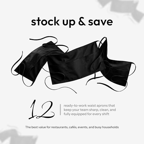 Black Waist Apron 12 Pack with 3 Pockets – Durable Commercial Server Aprons for Kitchen & Restaurant Use - Variation of THIS listing