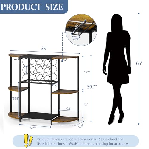JKsmart Rustic Brown Wine Bar Cart with LED Lights, 3-Tier Storage and Glass Holder