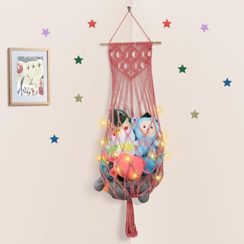 Stuffed Animal Hammock w/LED Star Light, 63 Inch Jumbo Toy Hammock Wall Hanging Plushie Net Holder for Boho Nursery Decor, Watermelon Red Stuffed Animal Storage Organizer for Kid Girls Boys Gift