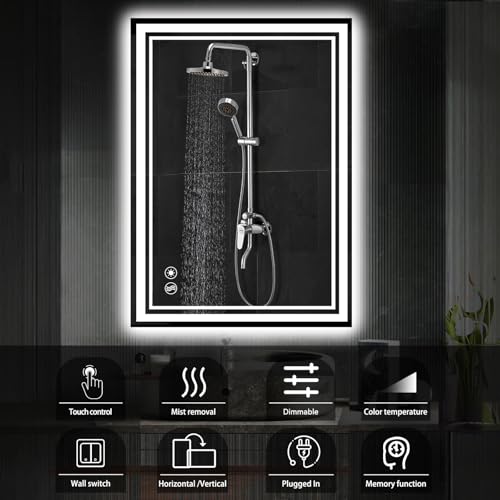 NESDCC 24x36 Inch Bathroom LED Mirror with Anti-Fog & 3 Color Dimmable Lighting, Wall Mount