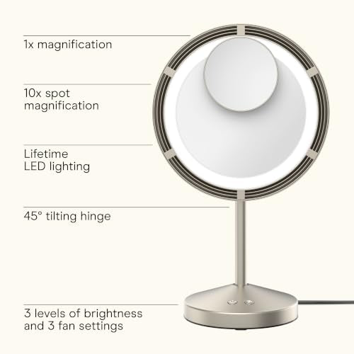Conair Silver Vanity Mirror with Lights, Adjustable Fan & Brightness