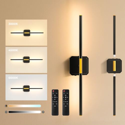 Battery Operated Wall Sconces Set of 2 - 360° Rotatable, Dimmable, Black Square Base