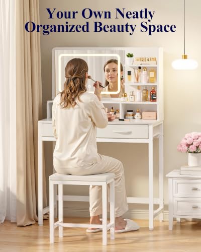 Small Vanity Desk with Mirror and Lights - 31.5 x 15.8 x 51.2 Inches, 2 Fabric Drawers