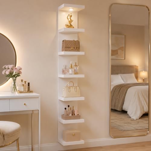 TFK 7 Tier White Floating Wall Shelf with LED Lights - Tall Display Storage