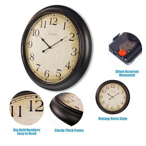 Crosstime 24 Inch Wall Clock Battery Operated Silent Round Vintage