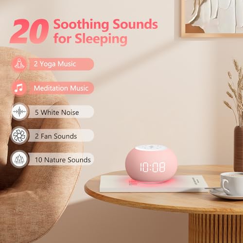 Pink Auto Dimmable Sound Machine Alarm Clock with Night Light for Girls
