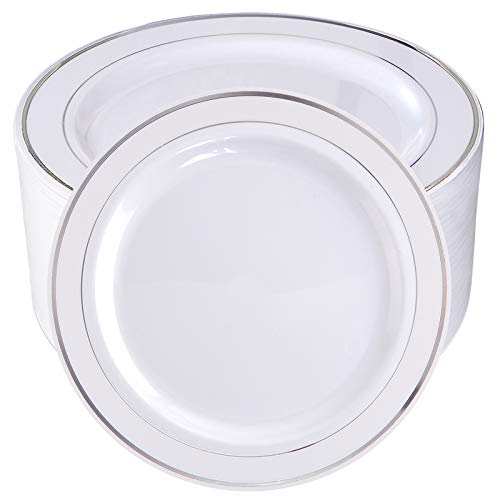 bUCLA 100 Pieces Silver Rim Plastic Dinner Plates 10.25in - Disposable Wedding & Party Plates