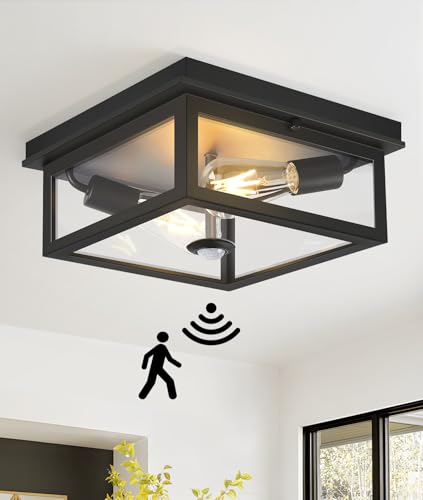 Black 12.2 Inch Motion Sensor Outdoor Ceiling Light with Remote - Porch, Garage, Patio