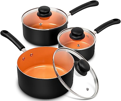 Michelangelo Copper Nonstick Saucepan Set 1QT, 2QT, 3QT with Lid - Compatible with Induction