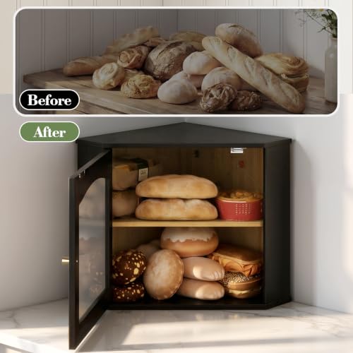 Corner Bread Box for Kitchen Countertop - Bamboo Wood Storage, Black Variation